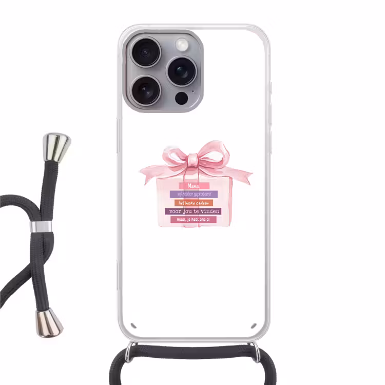 Cadeau - Strik - Tekst - Roze Hoesje iPhone 16 Pro Max met koord klein -3d