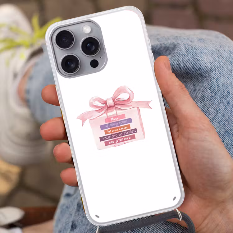 Cadeau - Strik - Tekst - Roze Hoesje iPhone 16 Pro Max met koord klein -sfeer3