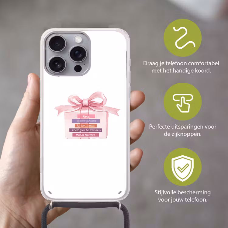 Cadeau - Strik - Tekst - Roze Hoesje iPhone 16 Pro Max met koord klein -sfeer2_NL