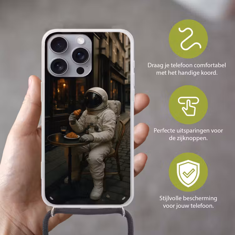 Café - Croissant - Koffie - Astronaut Hoesje iPhone 16 Pro Max met koord klein -sfeer2_NL