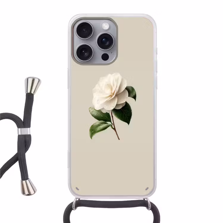 Cameliabloem - Wit - Groen Hoesje iPhone 16 Pro Max met koord klein -3d