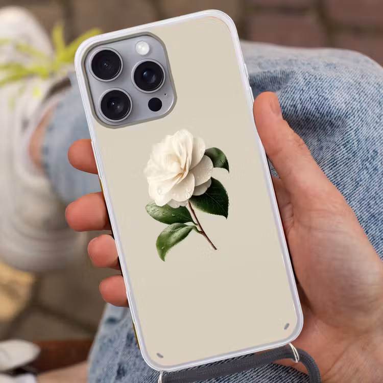 Cameliabloem - Wit - Groen Hoesje iPhone 16 Pro Max met koord klein -sfeer3
