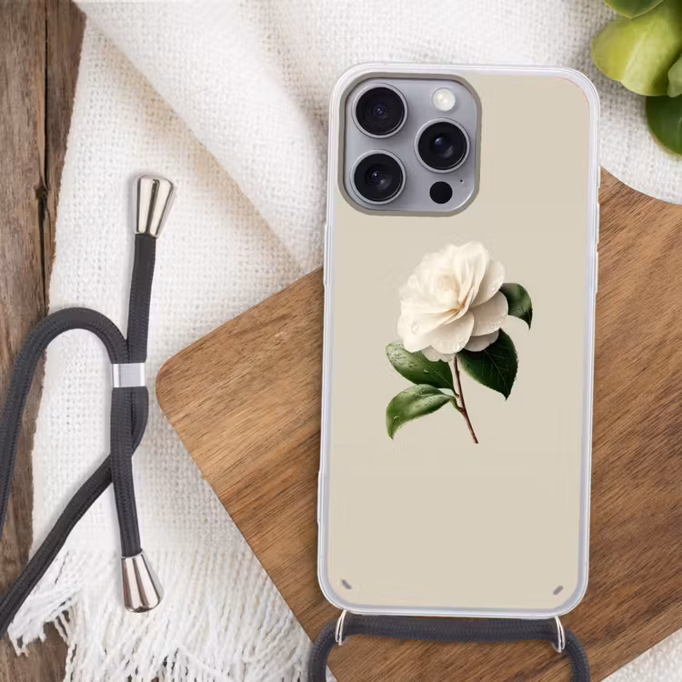 Cameliabloem - Wit - Groen Hoesje iPhone 16 Pro Max met koord klein -sfeer4