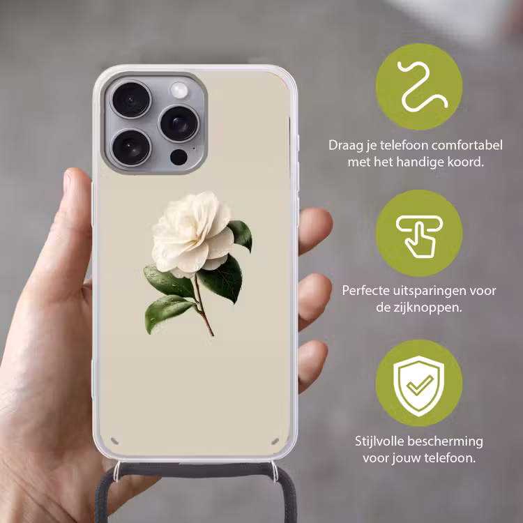 Cameliabloem - Wit - Groen Hoesje iPhone 16 Pro Max met koord klein -sfeer2_NL