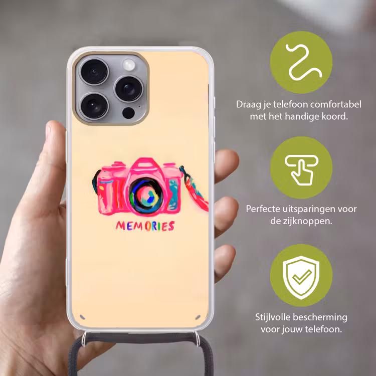 Camera - Memories - Roze - Geschilderd Hoesje iPhone 16 Pro Max met koord klein -sfeer2_NL