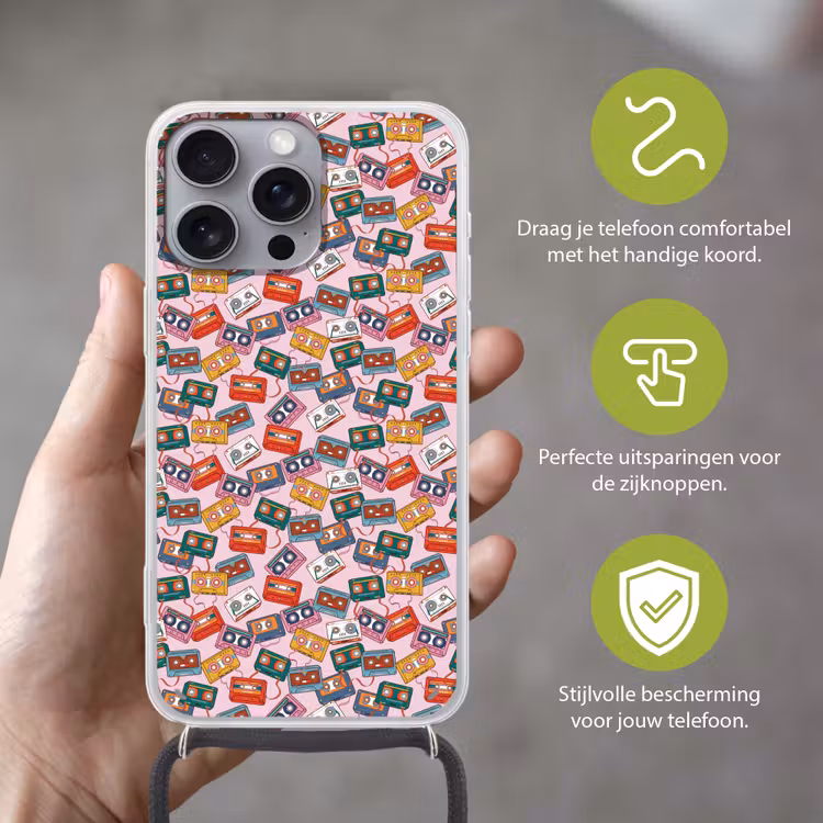 Cassette - Patroon - Roze Hoesje iPhone 16 Pro Max met koord klein 804 -sfeer2_NL