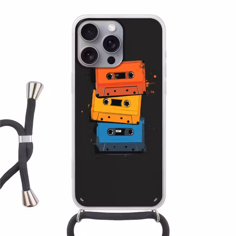 Cassettes - Kleurrijk - Verfspatten Hoesje iPhone 16 Pro Max met koord klein -3d