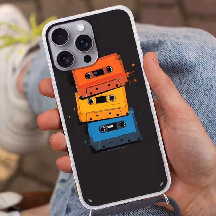 Cassettes - Kleurrijk - Verfspatten Hoesje iPhone 16 Pro Max met koord klein -sfeer3