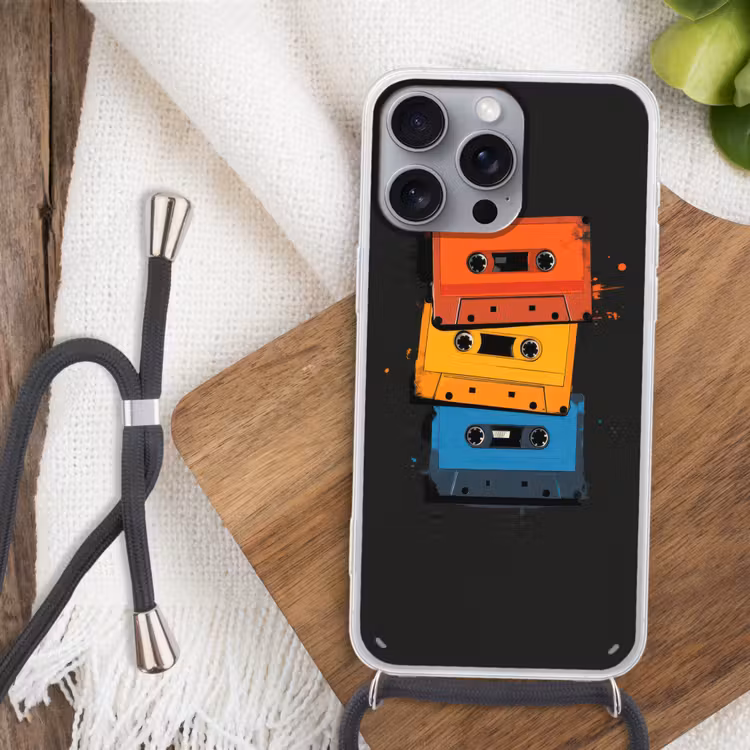 Cassettes - Kleurrijk - Verfspatten Hoesje iPhone 16 Pro Max met koord klein -sfeer4