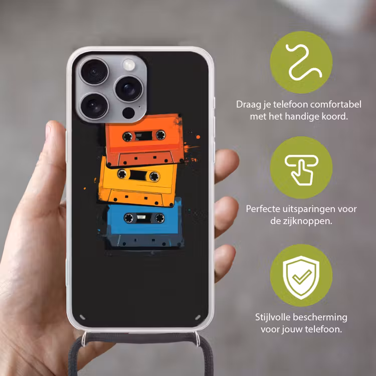 Cassettes - Kleurrijk - Verfspatten Hoesje iPhone 16 Pro Max met koord klein -sfeer2_NL