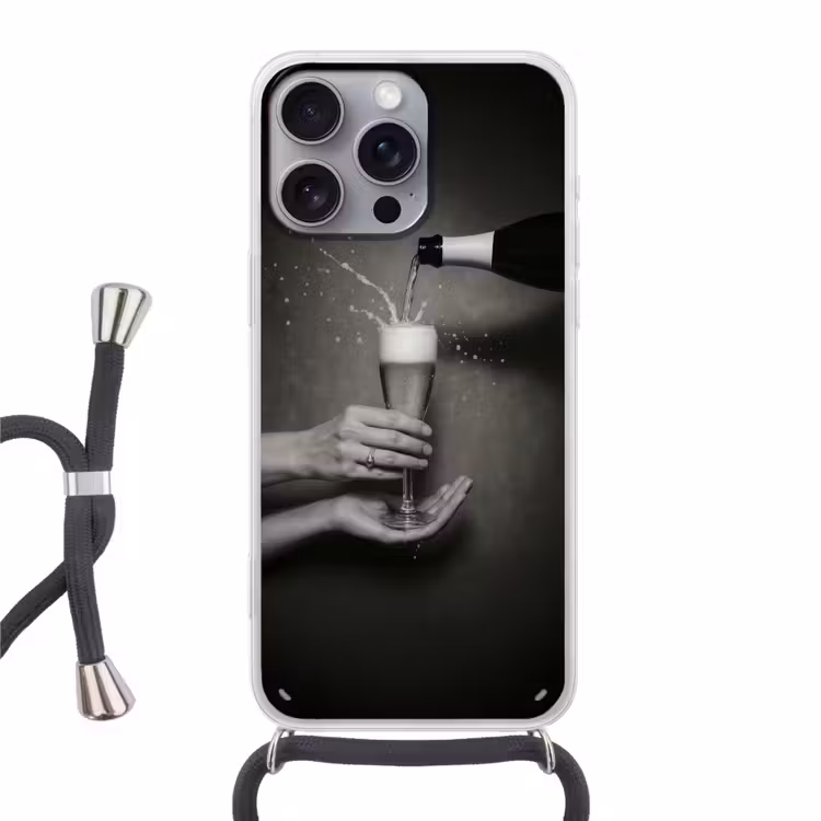 Champagnefles - Glas - Minimalistisch - Spetters Hoesje iPhone 16 Pro Max met koord klein -3d