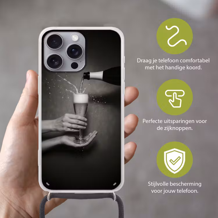 Champagnefles - Glas - Minimalistisch - Spetters Hoesje iPhone 16 Pro Max met koord klein -sfeer2_NL