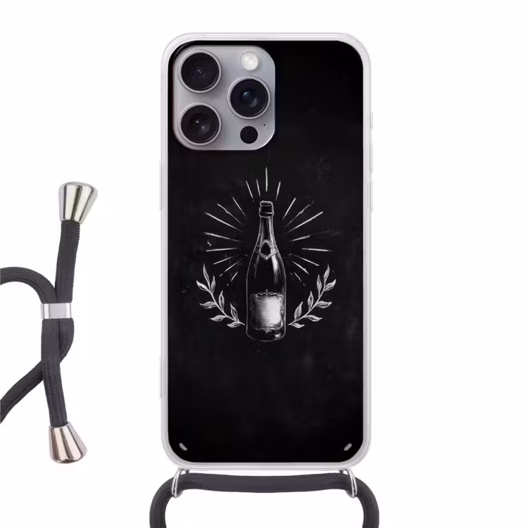 Champagnefles - Lauriertakken - Zwarte achtergrond Hoesje iPhone 16 Pro Max met koord klein -3d