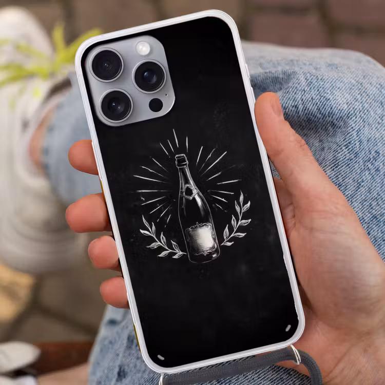 Champagnefles - Lauriertakken - Zwarte achtergrond Hoesje iPhone 16 Pro Max met koord klein -sfeer3