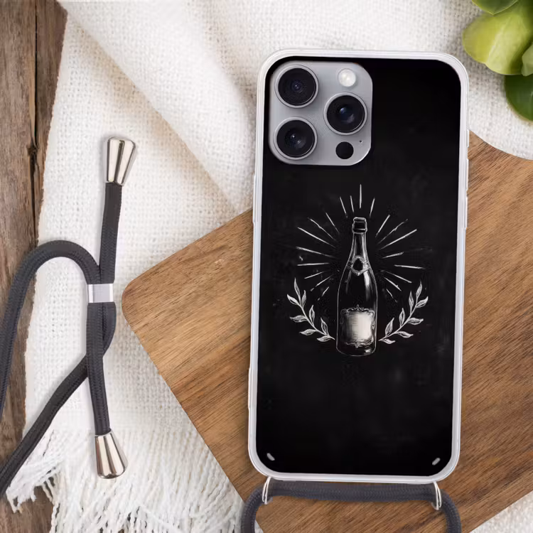 Champagnefles - Lauriertakken - Zwarte achtergrond Hoesje iPhone 16 Pro Max met koord klein -sfeer4