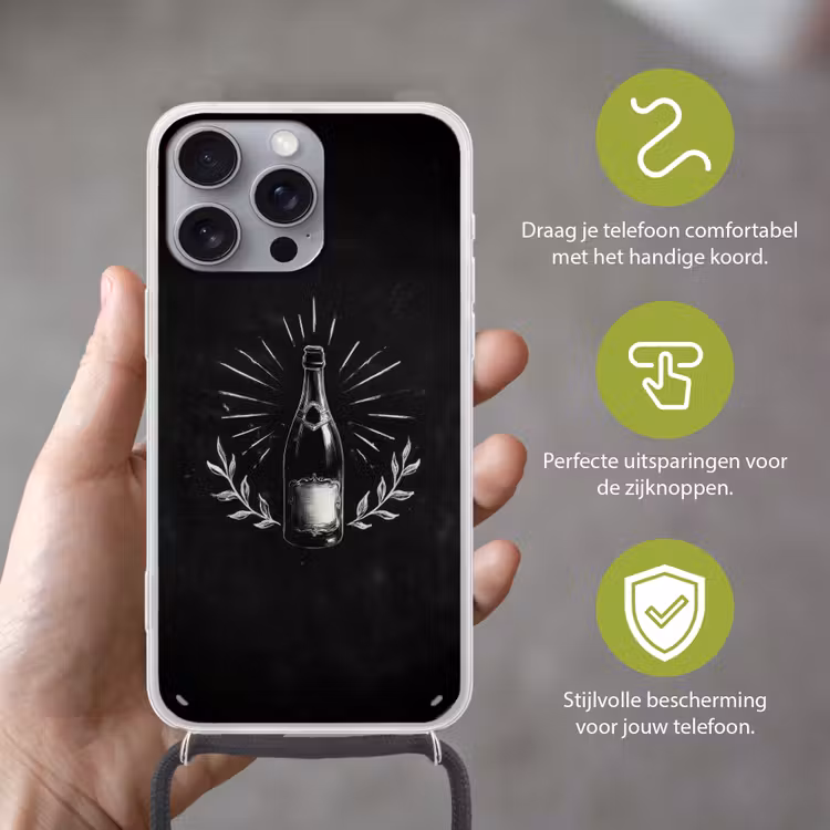 Champagnefles - Lauriertakken - Zwarte achtergrond Hoesje iPhone 16 Pro Max met koord klein -sfeer2_NL