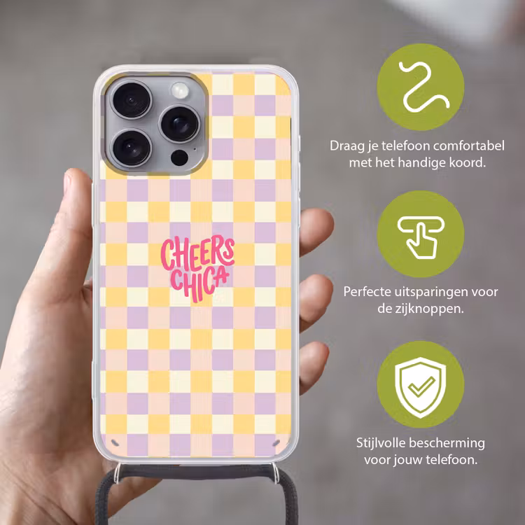 Cheers Chica - Ruitjes - Lila - Geel Hoesje iPhone 16 Pro Max met koord klein -sfeer2_NL