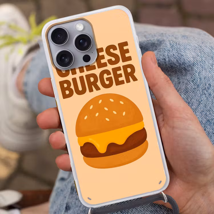 Cheeseburger - Minimalistisch - Geel Hoesje iPhone 16 Pro Max met koord klein -sfeer3