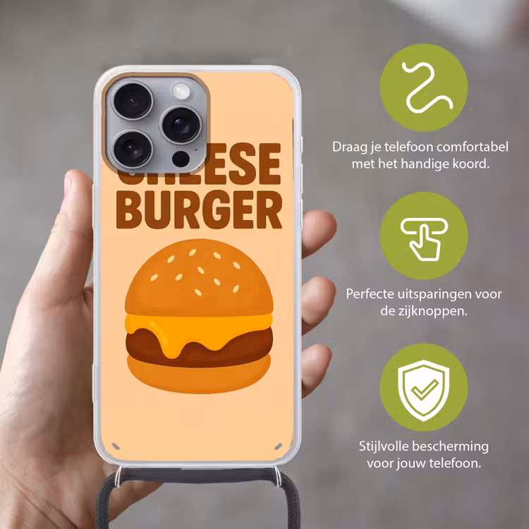 Cheeseburger - Minimalistisch - Geel Hoesje iPhone 16 Pro Max met koord klein -sfeer2_NL
