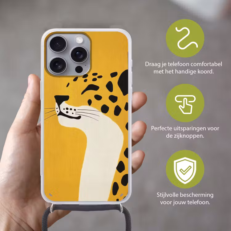 Cheetah - Illustratie - Geel Hoesje iPhone 16 Pro Max met koord klein -sfeer2_NL