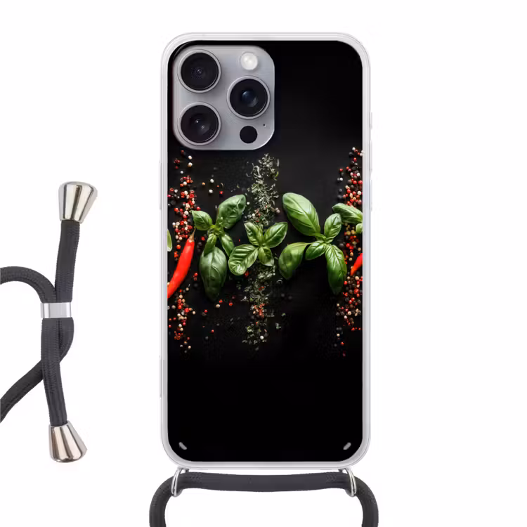 Chilipepers - Basilicum - Blaadjes - Rood Hoesje iPhone 16 Pro Max met koord klein -3d