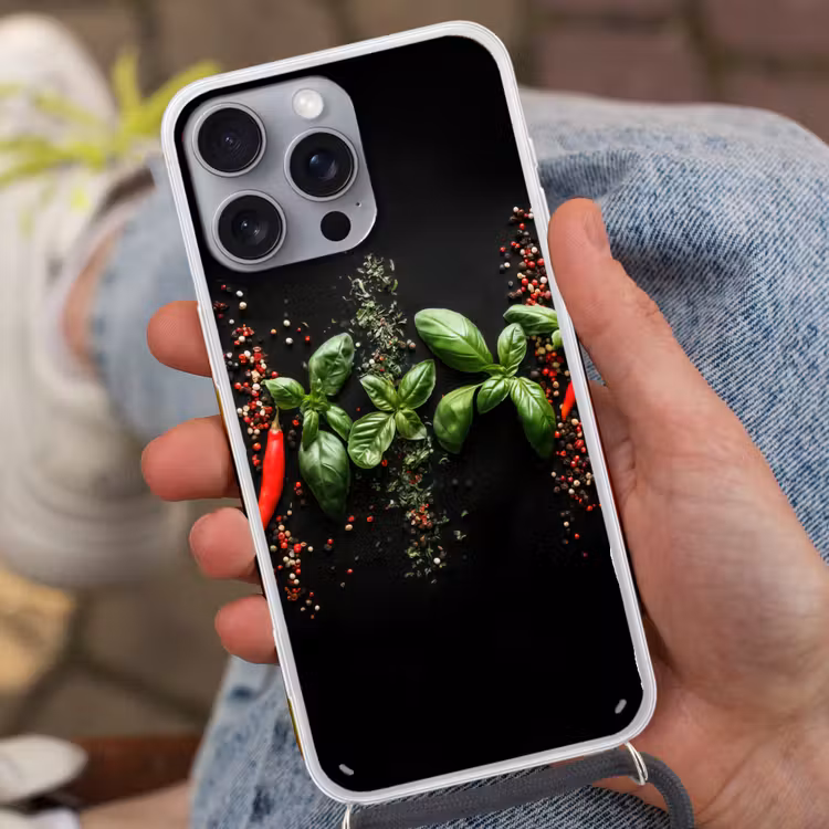 Chilipepers - Basilicum - Blaadjes - Rood Hoesje iPhone 16 Pro Max met koord klein -sfeer3