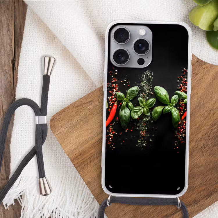 Chilipepers - Basilicum - Blaadjes - Rood Hoesje iPhone 16 Pro Max met koord klein -sfeer4