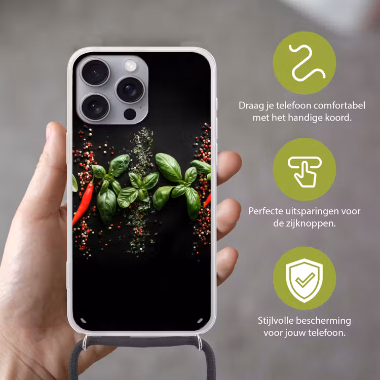 Chilipepers - Basilicum - Blaadjes - Rood Hoesje iPhone 16 Pro Max met koord klein -sfeer2_NL