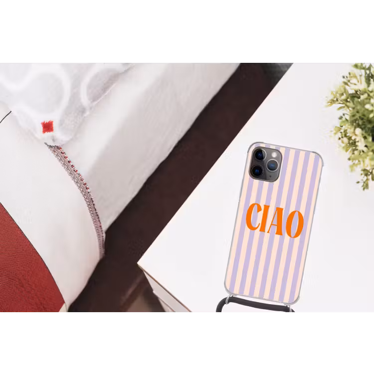 Ciao - Quote - Pastel - Strepen Hoesje iPhone 12 Pro met koord klein -kamer