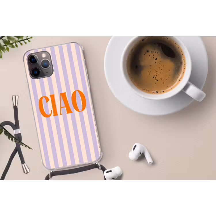 Ciao - Quote - Pastel - Strepen Hoesje iPhone 12 Pro met koord klein -oordop