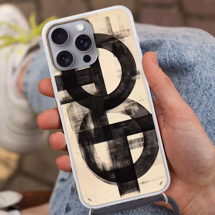 Cirkels - Balken - Zwart - Abstract Hoesje iPhone 16 Pro Max met koord klein -sfeer3