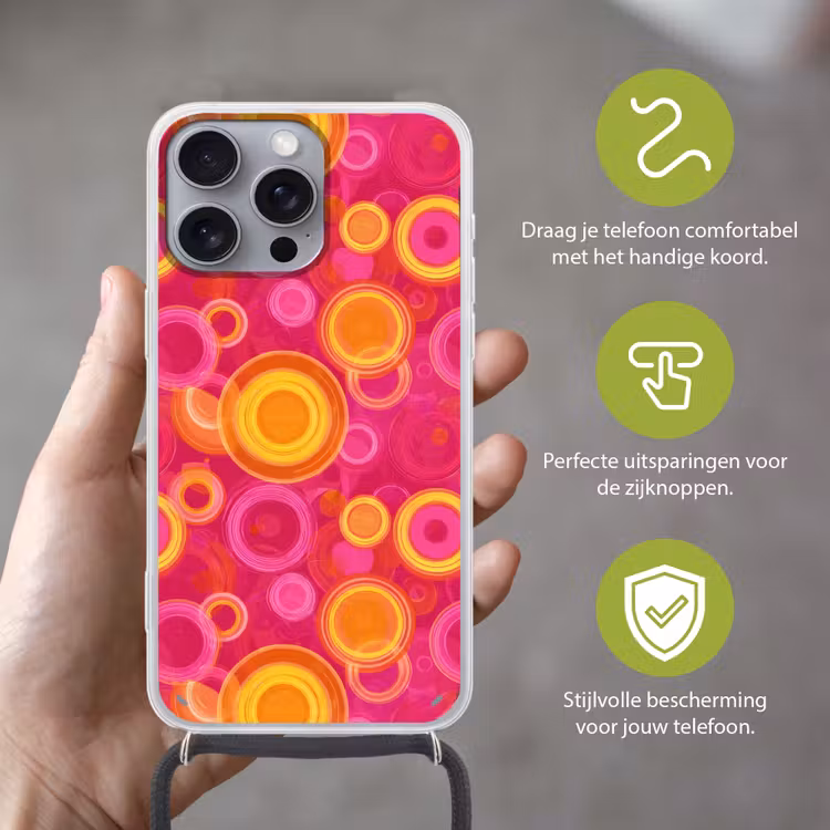 Cirkels - Design - Kleurrijk Hoesje iPhone 16 Pro Max met koord klein 804 -sfeer2_NL