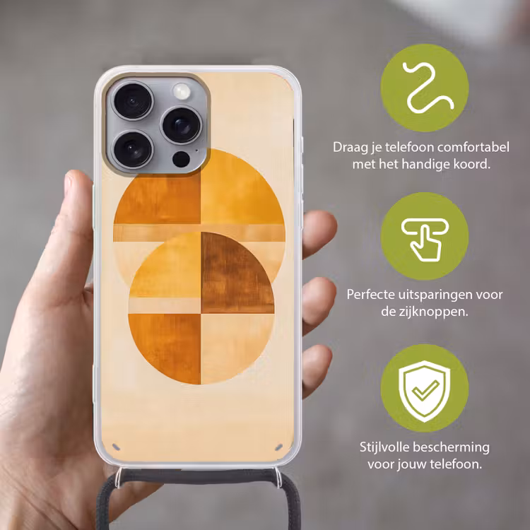 Cirkels - Geel - Minimalistisch Hoesje iPhone 16 Pro Max met koord klein -sfeer2_NL