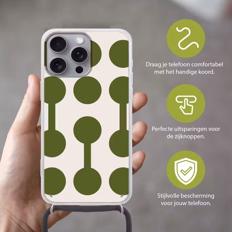 Cirkels - Geometrisch - Abstract - Modern - Groen Hoesje iPhone 16 Pro Max met koord klein -sfeer2_NL