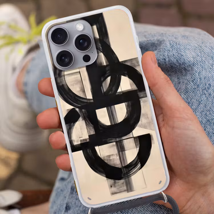 Cirkels - Lijnen - Vormen - Zwart Hoesje iPhone 16 Pro Max met koord klein -sfeer3