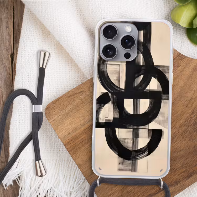Cirkels - Lijnen - Vormen - Zwart Hoesje iPhone 16 Pro Max met koord klein -sfeer4