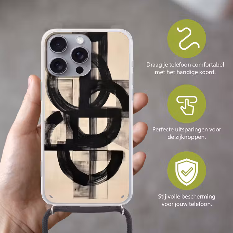 Cirkels - Lijnen - Vormen - Zwart Hoesje iPhone 16 Pro Max met koord klein -sfeer2_NL