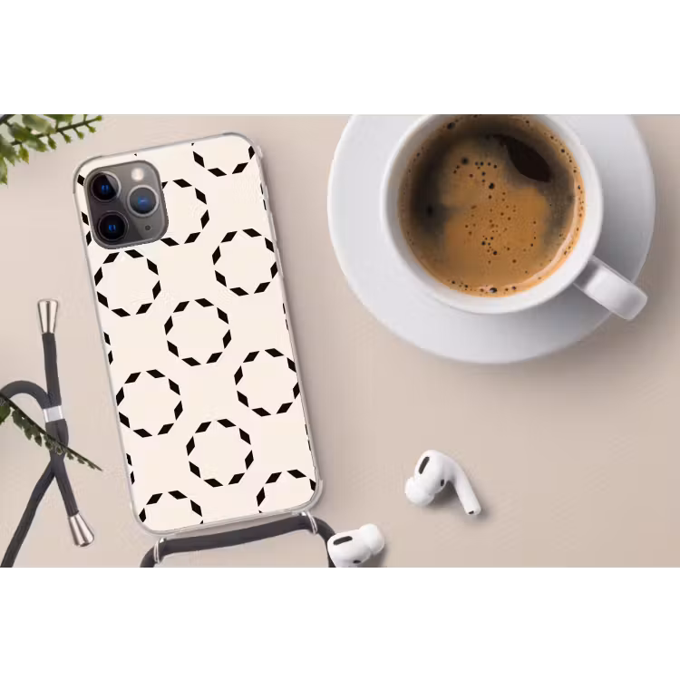 Cirkels - Patroon - Zwart - Beige - Abstract Hoesje iPhone 12 Pro met koord klein -oordop