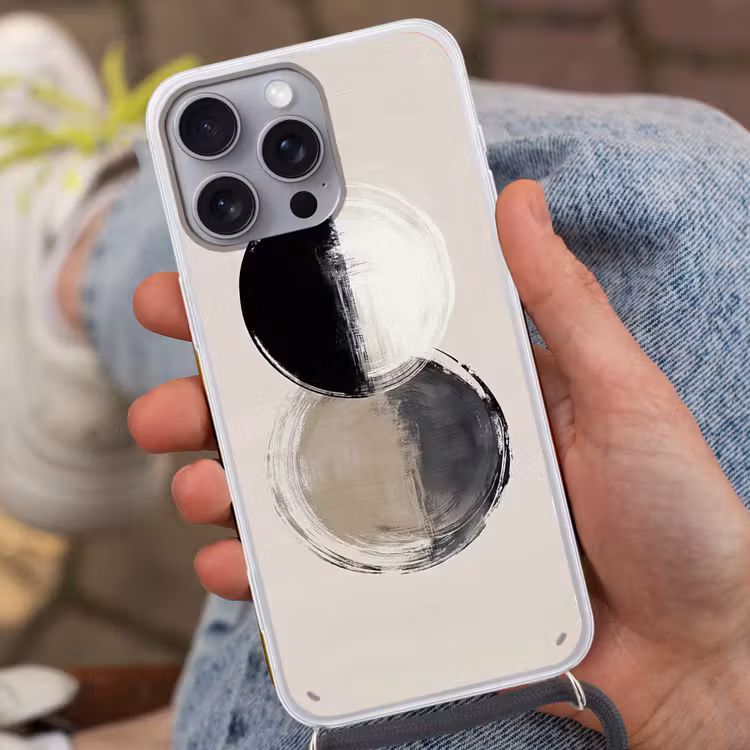 Cirkels - Strepen - Minimalistisch - Zwart Hoesje iPhone 16 Pro Max met koord klein -sfeer3