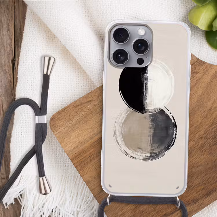 Cirkels - Strepen - Minimalistisch - Zwart Hoesje iPhone 16 Pro Max met koord klein -sfeer4