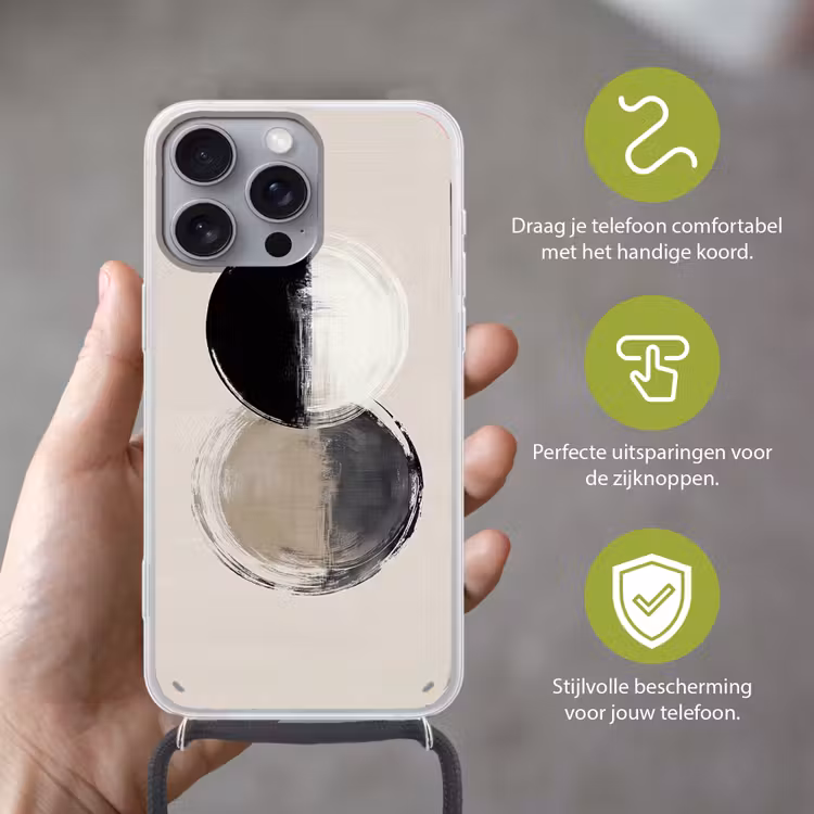 Cirkels - Strepen - Minimalistisch - Zwart Hoesje iPhone 16 Pro Max met koord klein -sfeer2_NL