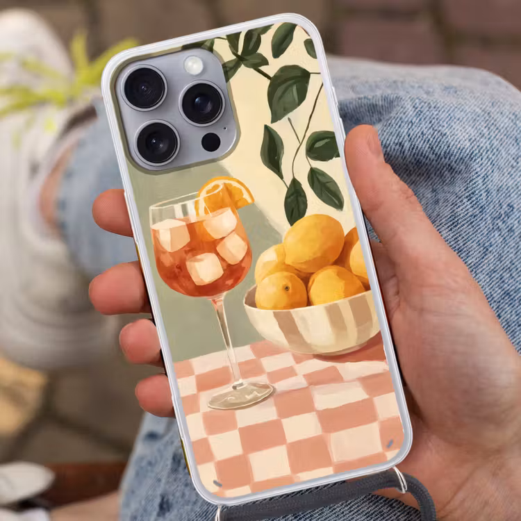 Citroenen - Glas - Tafelkleed - Geblokt Hoesje iPhone 16 Pro Max met koord klein -sfeer3
