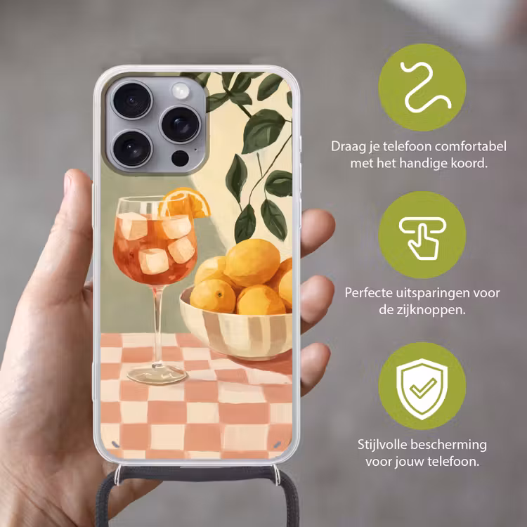 Citroenen - Glas - Tafelkleed - Geblokt Hoesje iPhone 16 Pro Max met koord klein -sfeer2_NL
