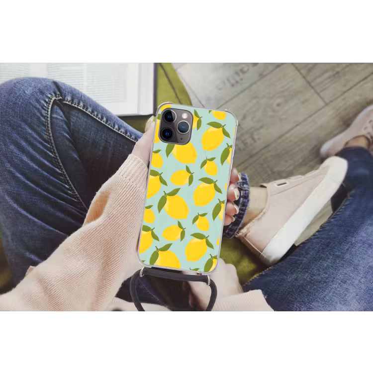 Citroenen patroon - Geel - Blauw - Patroon - Vruchten Hoesje iPhone 12 Pro met koord klein -hand