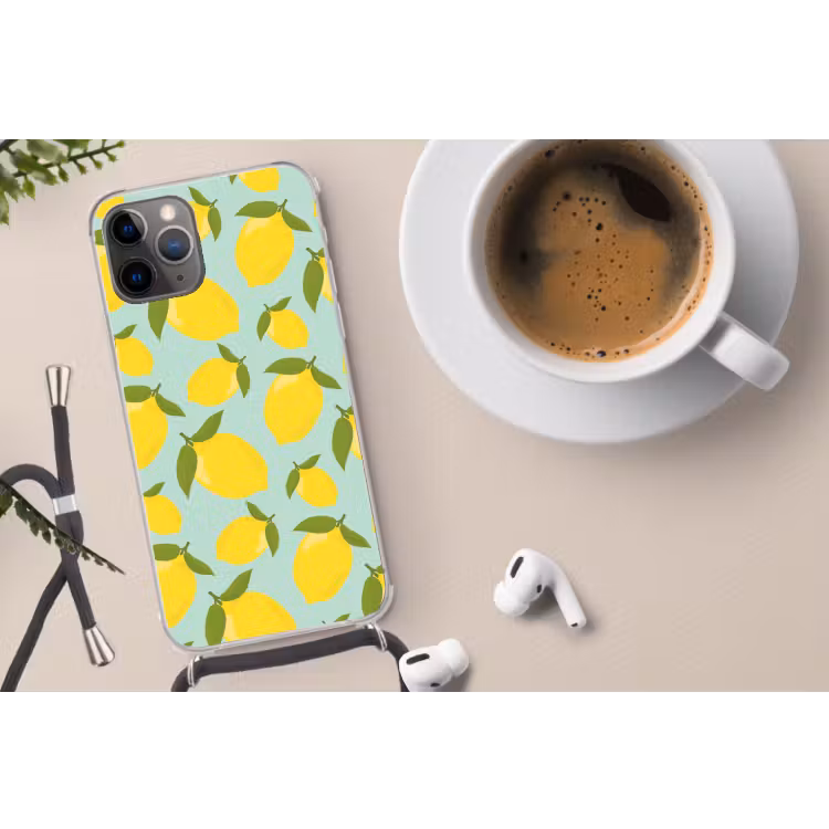 Citroenen patroon - Geel - Blauw - Patroon - Vruchten Hoesje iPhone 12 Pro met koord klein -oordop