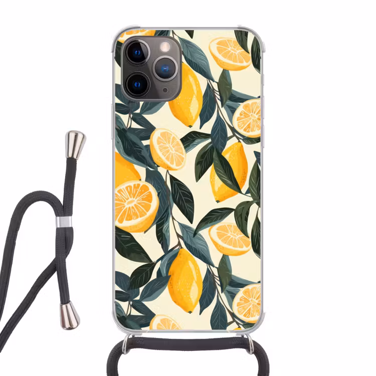Citroenen - Vruchten - Bladeren - Geel - Groen - Beige Hoesje iPhone 12 Pro met koord klein -3d