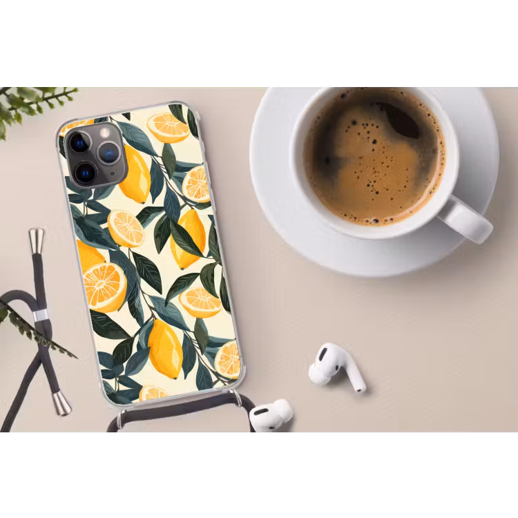 Citroenen - Vruchten - Bladeren - Geel - Groen - Beige Hoesje iPhone 12 Pro met koord klein -oordop