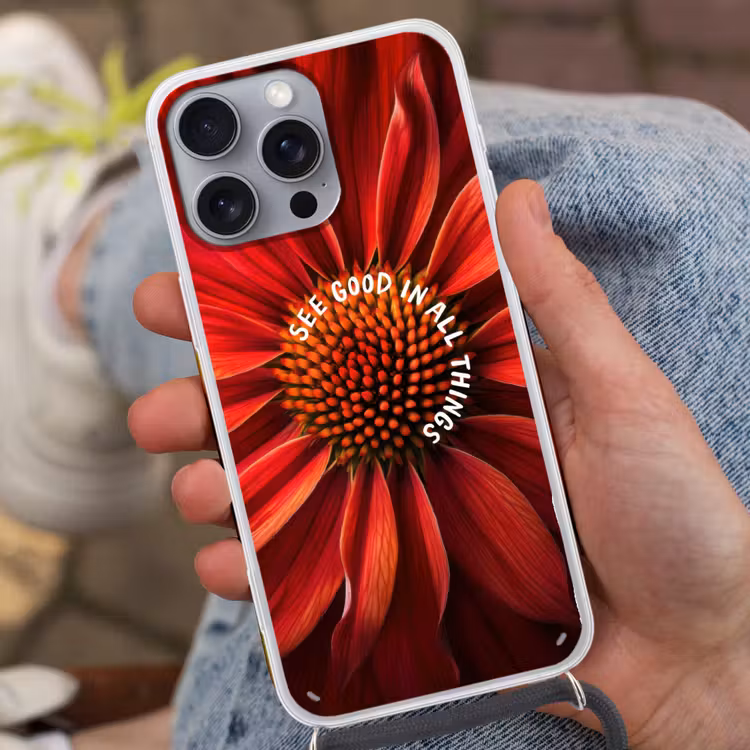 Close up - Bloem - Quote - Rood Hoesje iPhone 16 Pro Max met koord klein -sfeer3