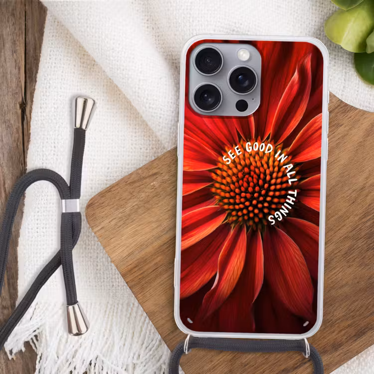Close up - Bloem - Quote - Rood Hoesje iPhone 16 Pro Max met koord klein -sfeer4