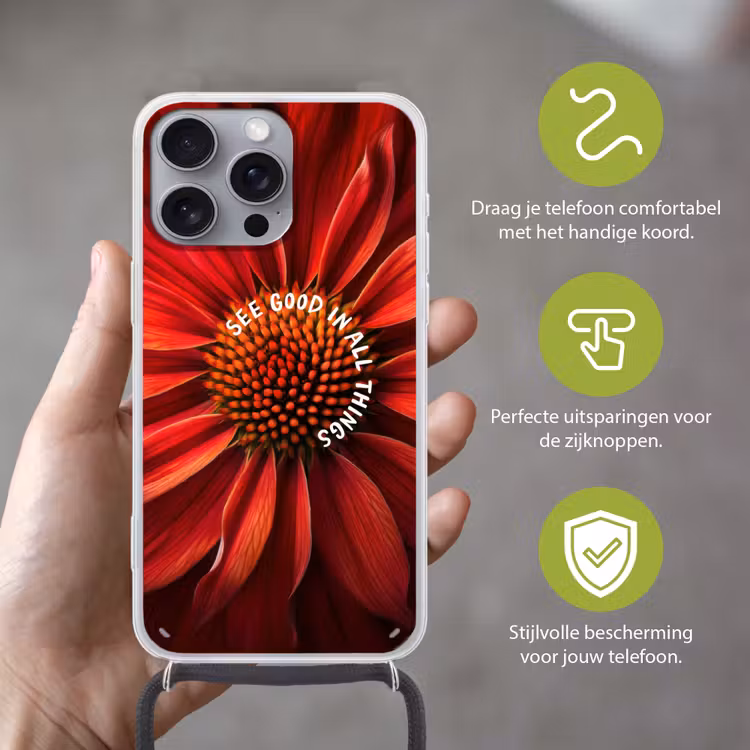 Close up - Bloem - Quote - Rood Hoesje iPhone 16 Pro Max met koord klein -sfeer2_NL